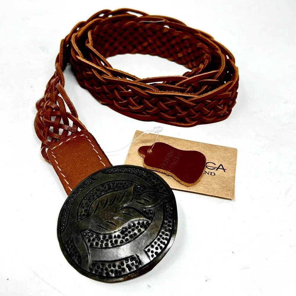 Vilenca Holland Womens Belt Brown Woven‎ Leather Hook Flower Buckle 42” x 1.25”